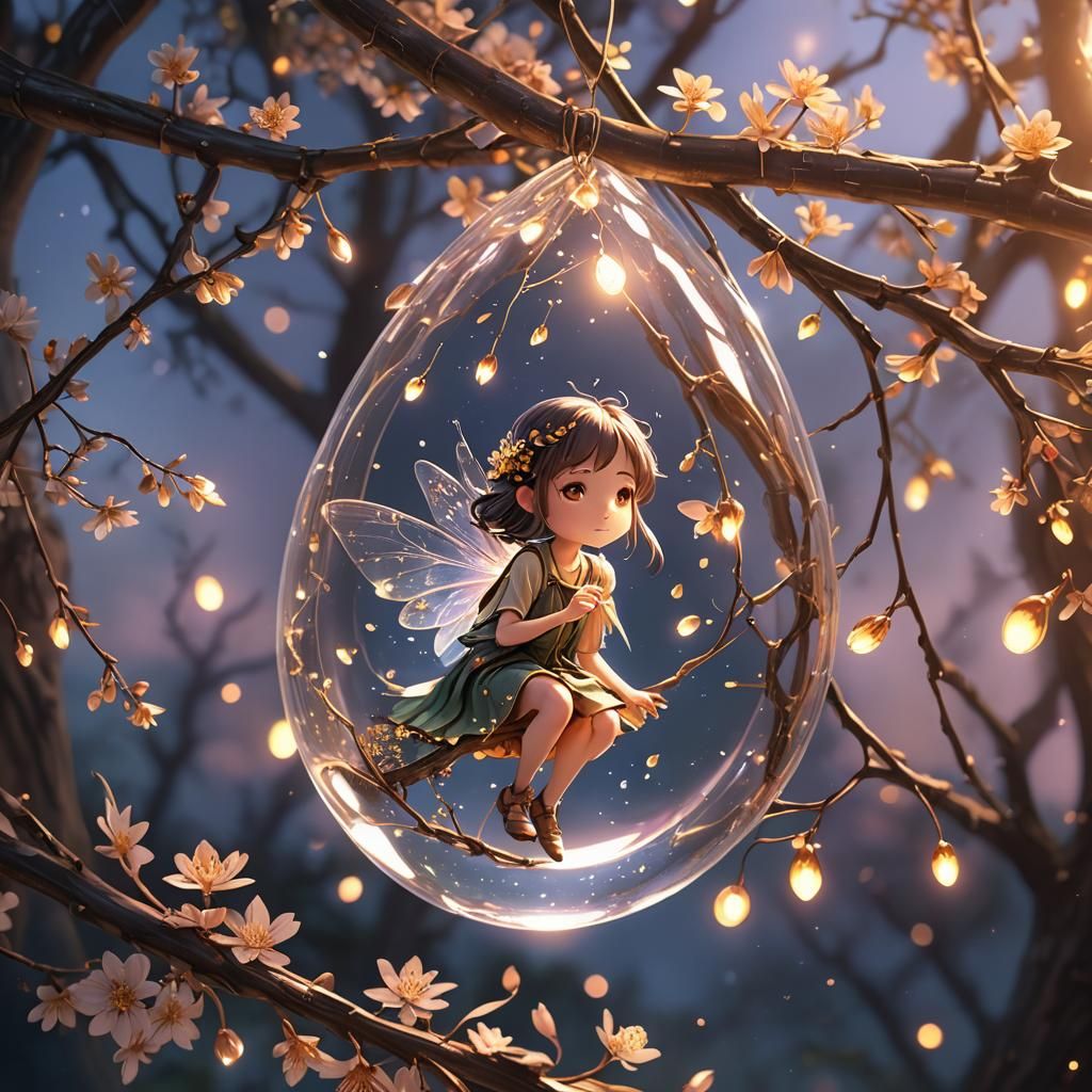 Fairy in Teardrop: 3D Anime Art with Fireflies