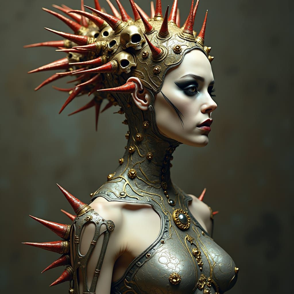 Gothic Futurism: Woman with Checkered Neck in Gold Headpiece