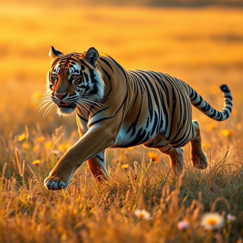 Majestic Tiger Sprints Across Golden Prairie