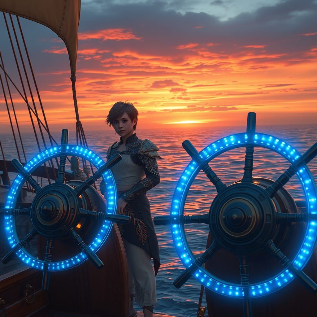 Fantasy Sailors Stand Amidst Sunset Glow
