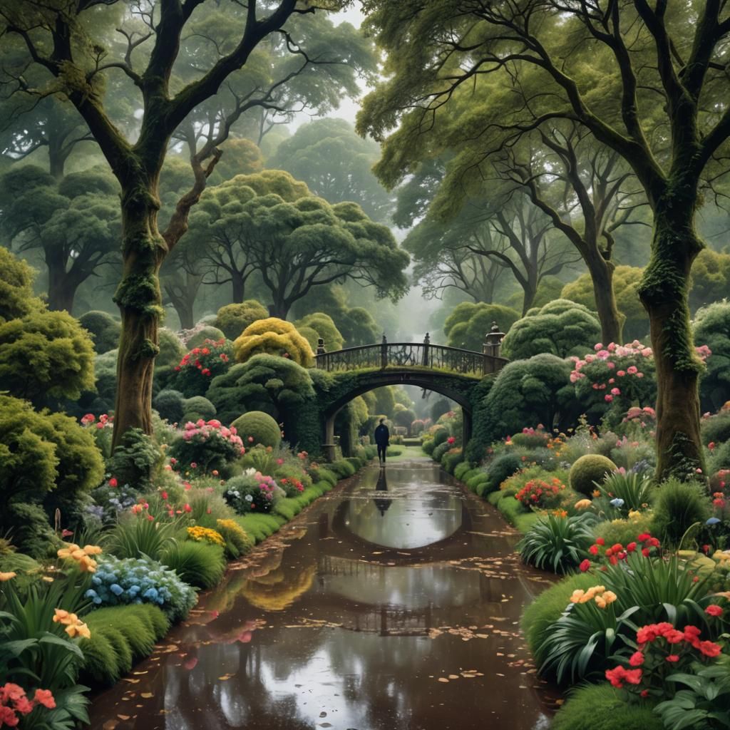English Garden Walk on Rainy Day: Digital Matte Painting