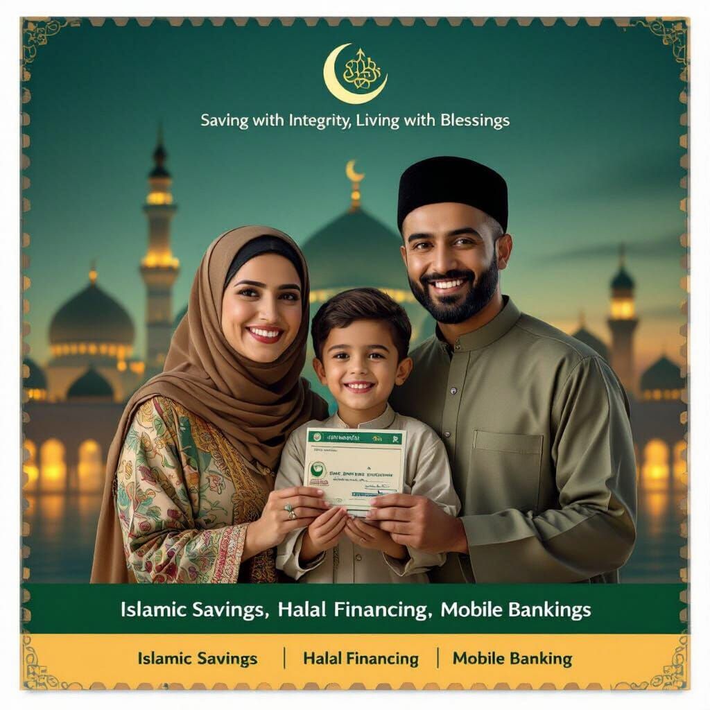 Sharia Bank Ad: Smiling Family in Gold and Green