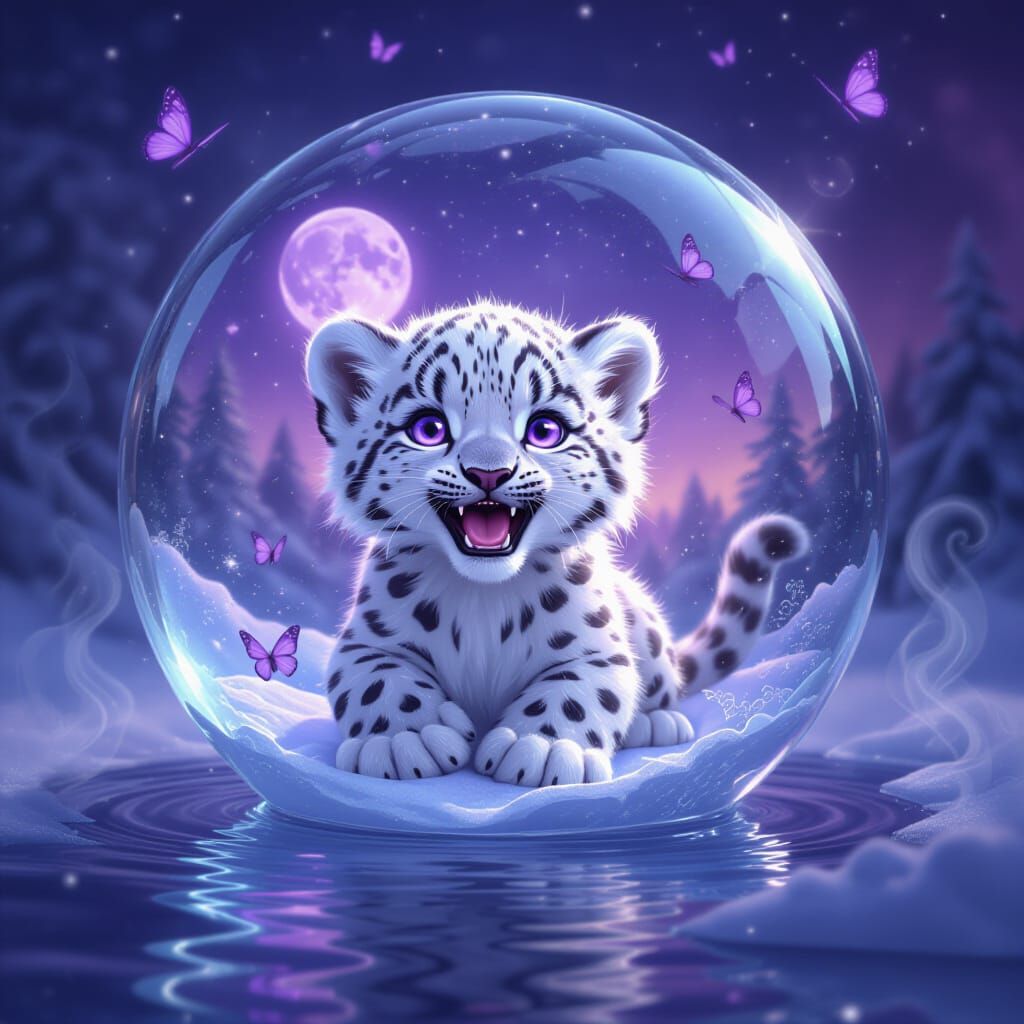 Magical Crystal Sphere with Snow Leopard Cub
