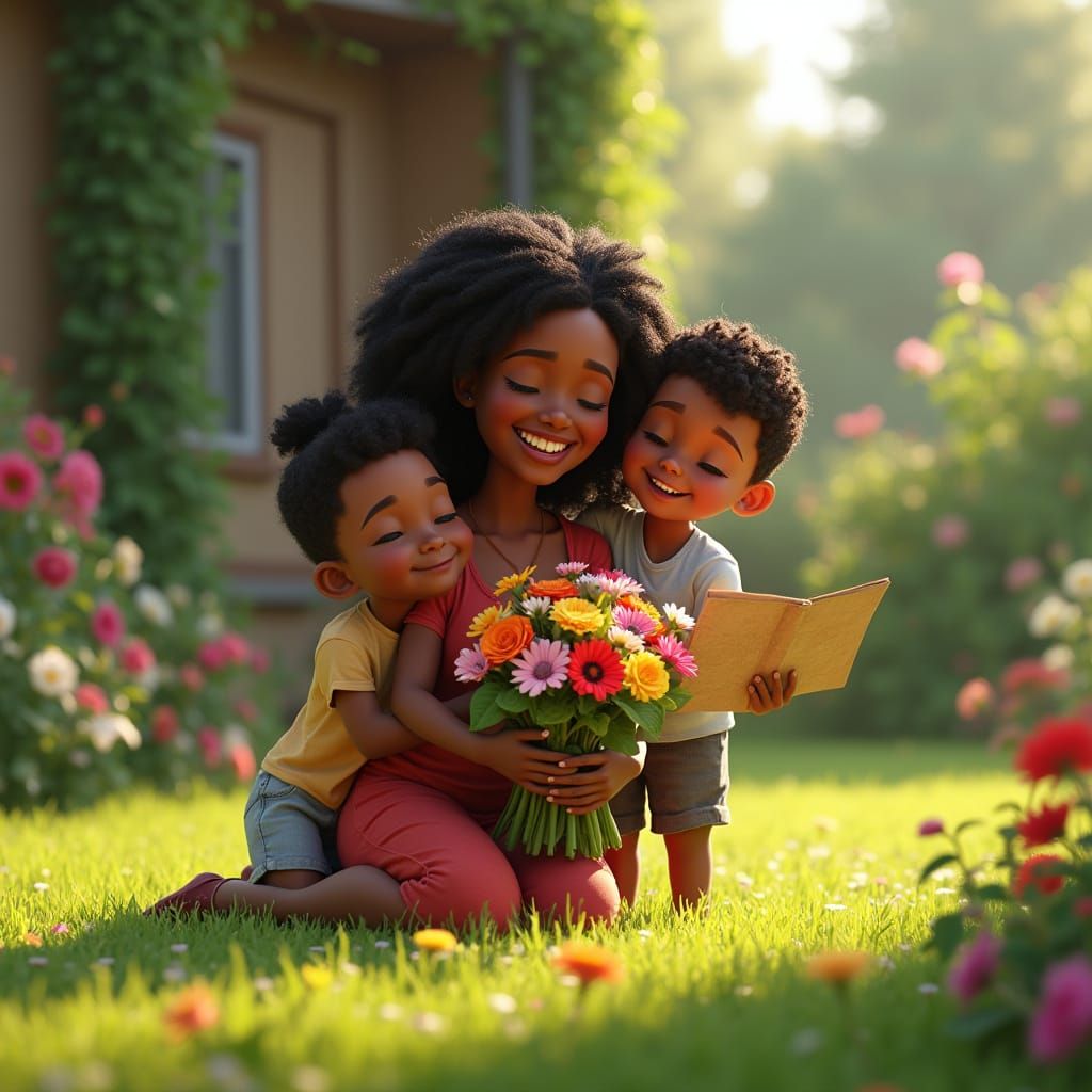 Heartwarming Mother's Day Scene in Vibrant Pixar 3D Style