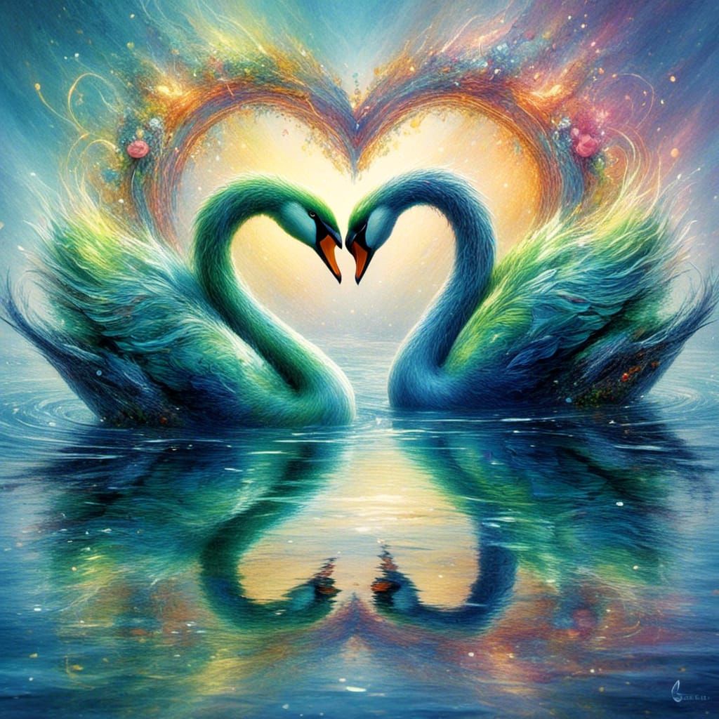 Romantic Swans Reflected in Watercolor Heart Frame