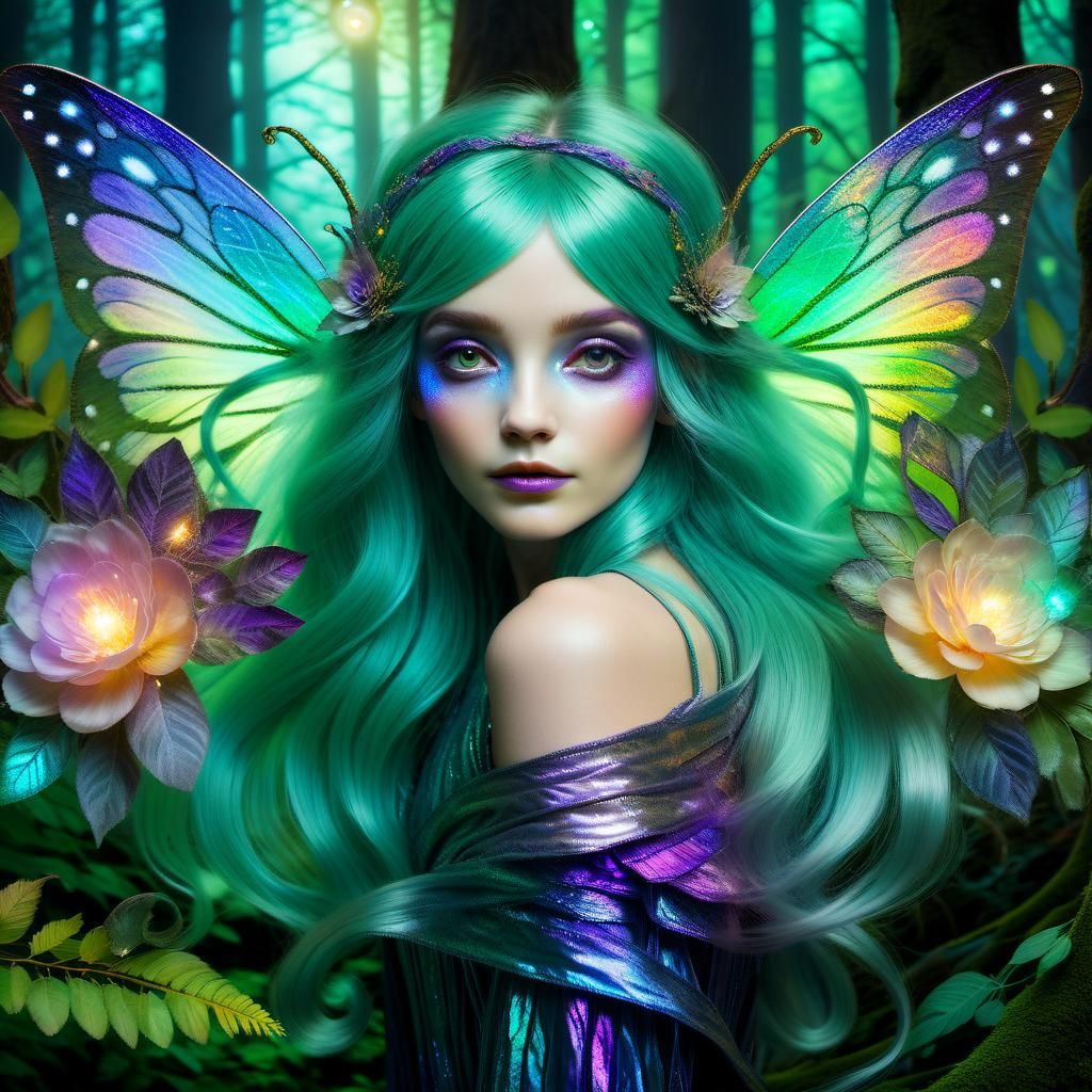 Fairy in Enchanted Forest with Iridescent Colors