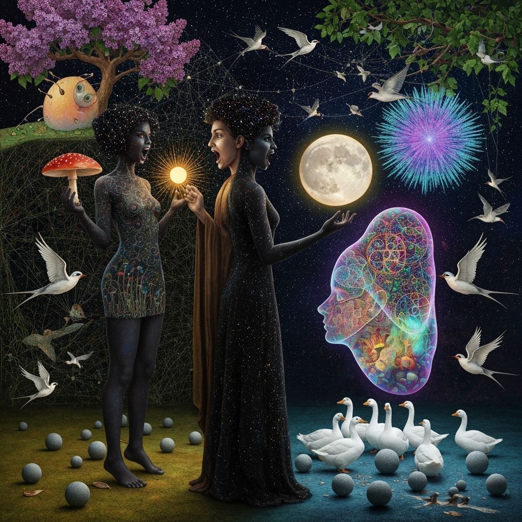 Cosmic Goddess and Alchemist in Surreal Landscape
