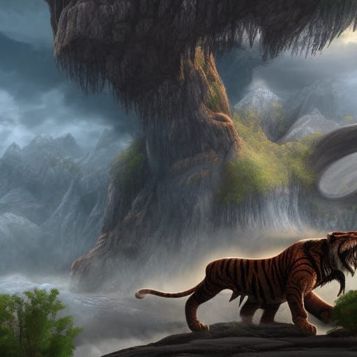 Saber-Toothed Tiger and Mammoth Hybrid in Fantasy Art