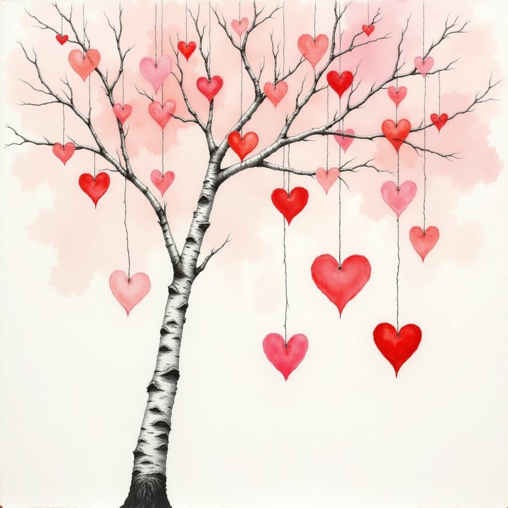 Birch Tree with Heart Ornaments in Ink Wash Style