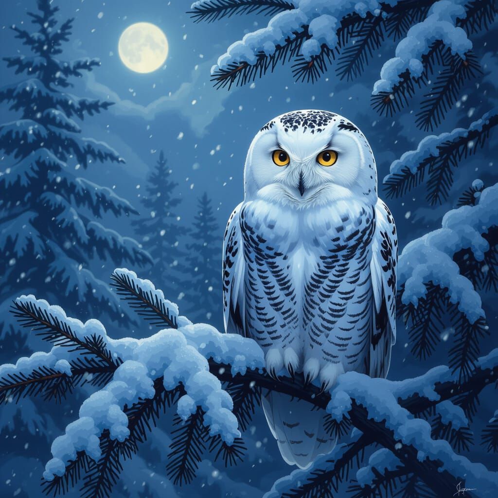 Majestic Snowy Owl in Blizzard Fantasy Illustration