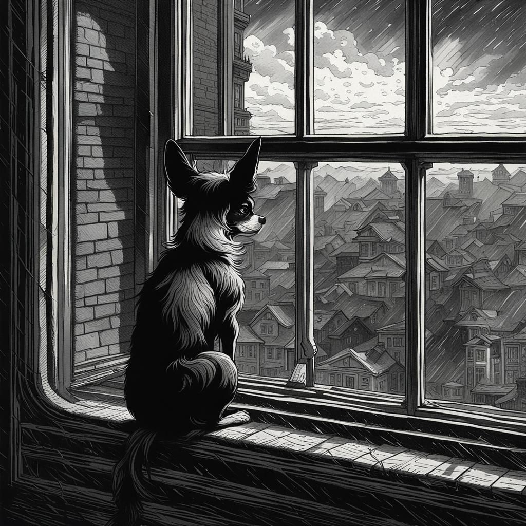 Sinister Chihuahua Gazing Out Rainy Window