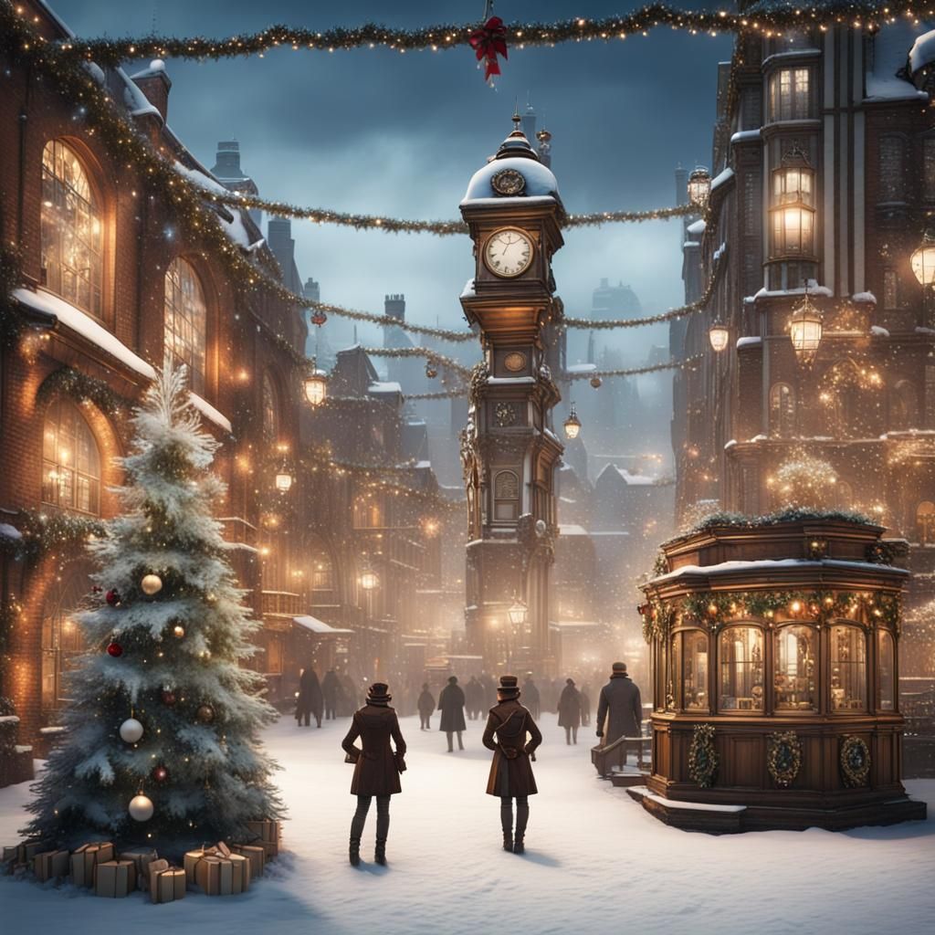 Steampunk City Square in Winter Christmas