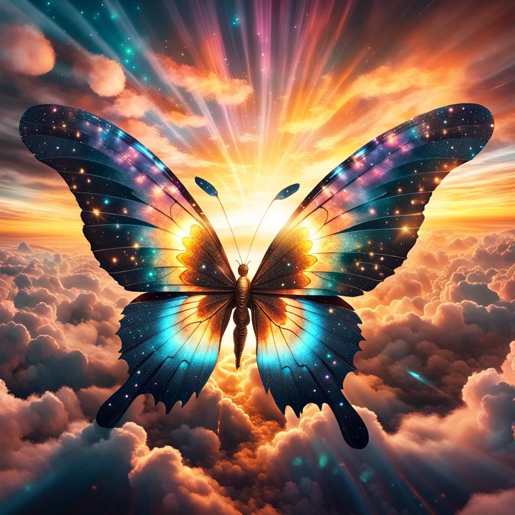 Mystical Butterfly with Galactic Wings at Sunset