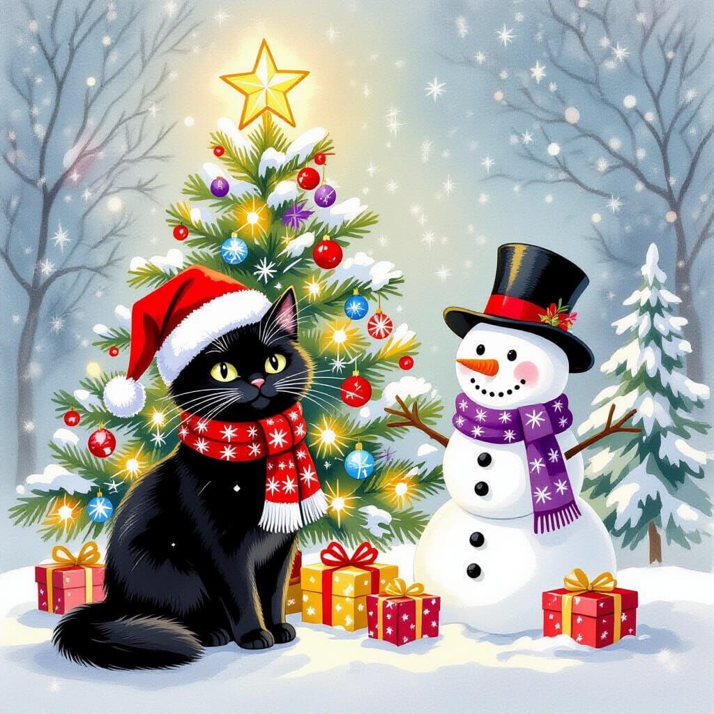 Black Cat in Santa Hat by Christmas Tree, Watercolor Style