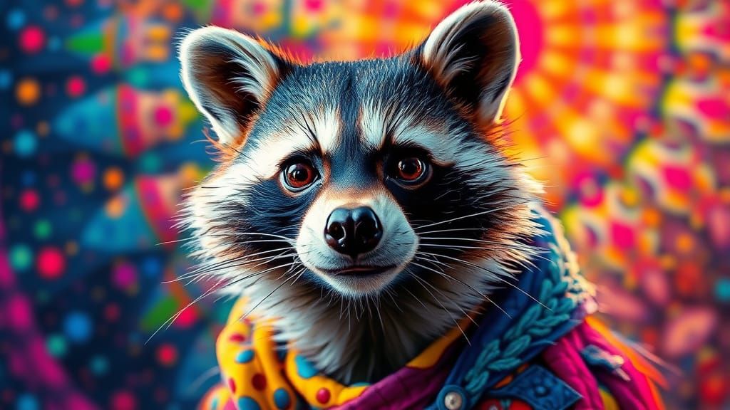 Raccoon in Vibrant, Kaleidoscopic Wonderland