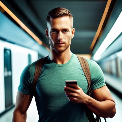 Man with Fade Haircut Looks at Phone in Metro