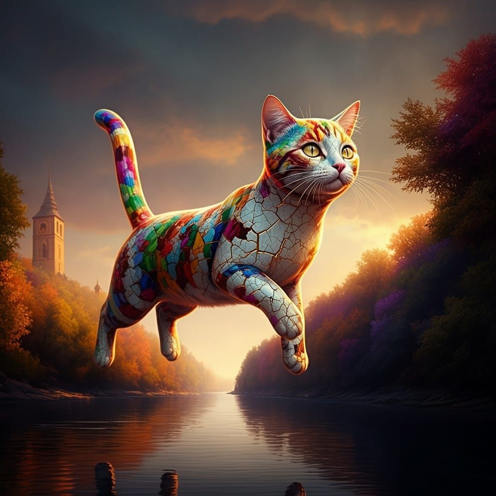 Hyper Realistic Porcelain Cat Soars Above a Golden River Lan...