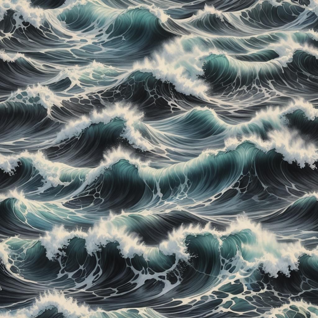 Hyperdetailed Charcoal Drawing of Colorful Ocean Waves