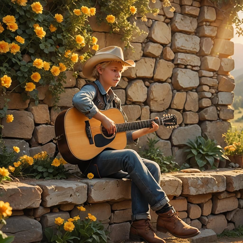 Blond Cowboy Plays Guitar in Golden Sunlight