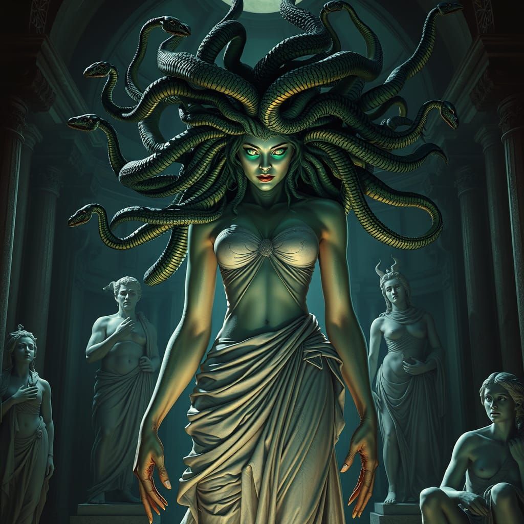 Medusa in Eerie Sculpture Garden, Dark Fantasy Art