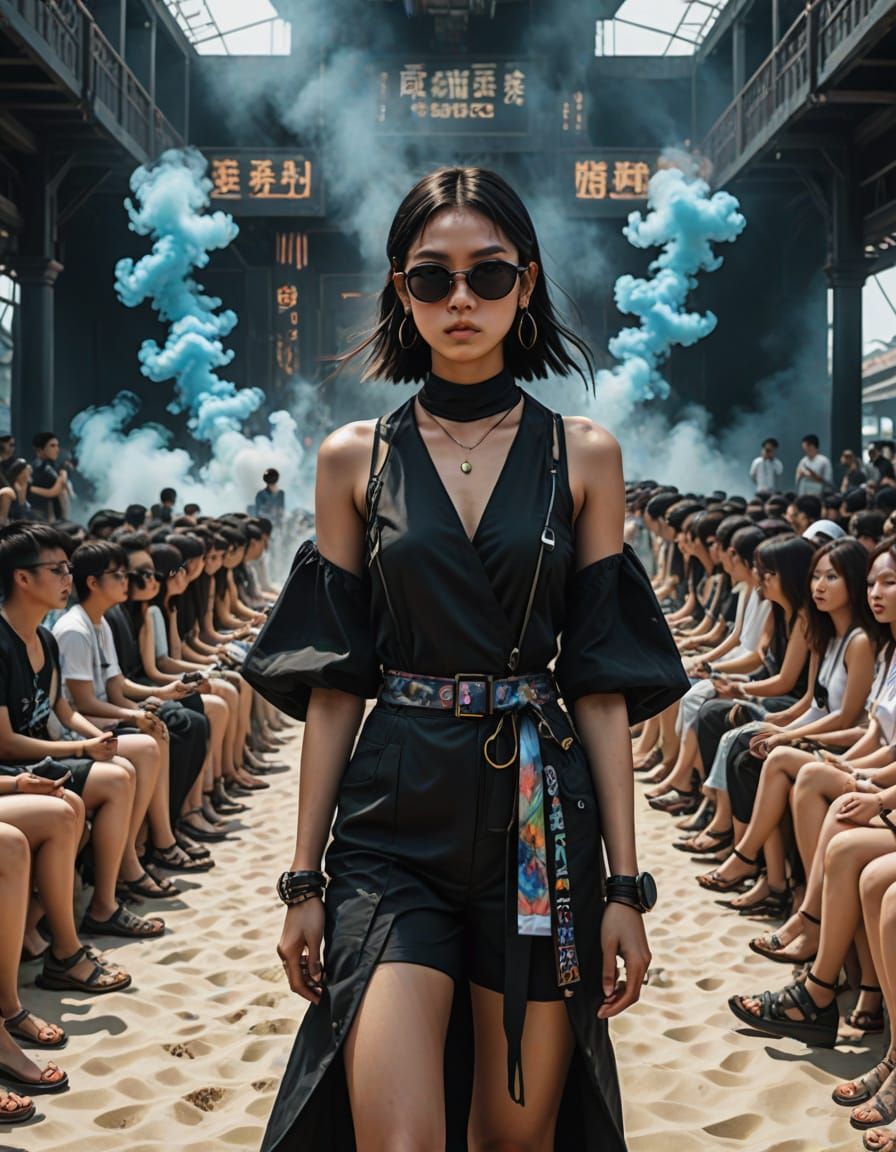 Surreal Cyberpunk Runway Scene in Dark Fantasy Style