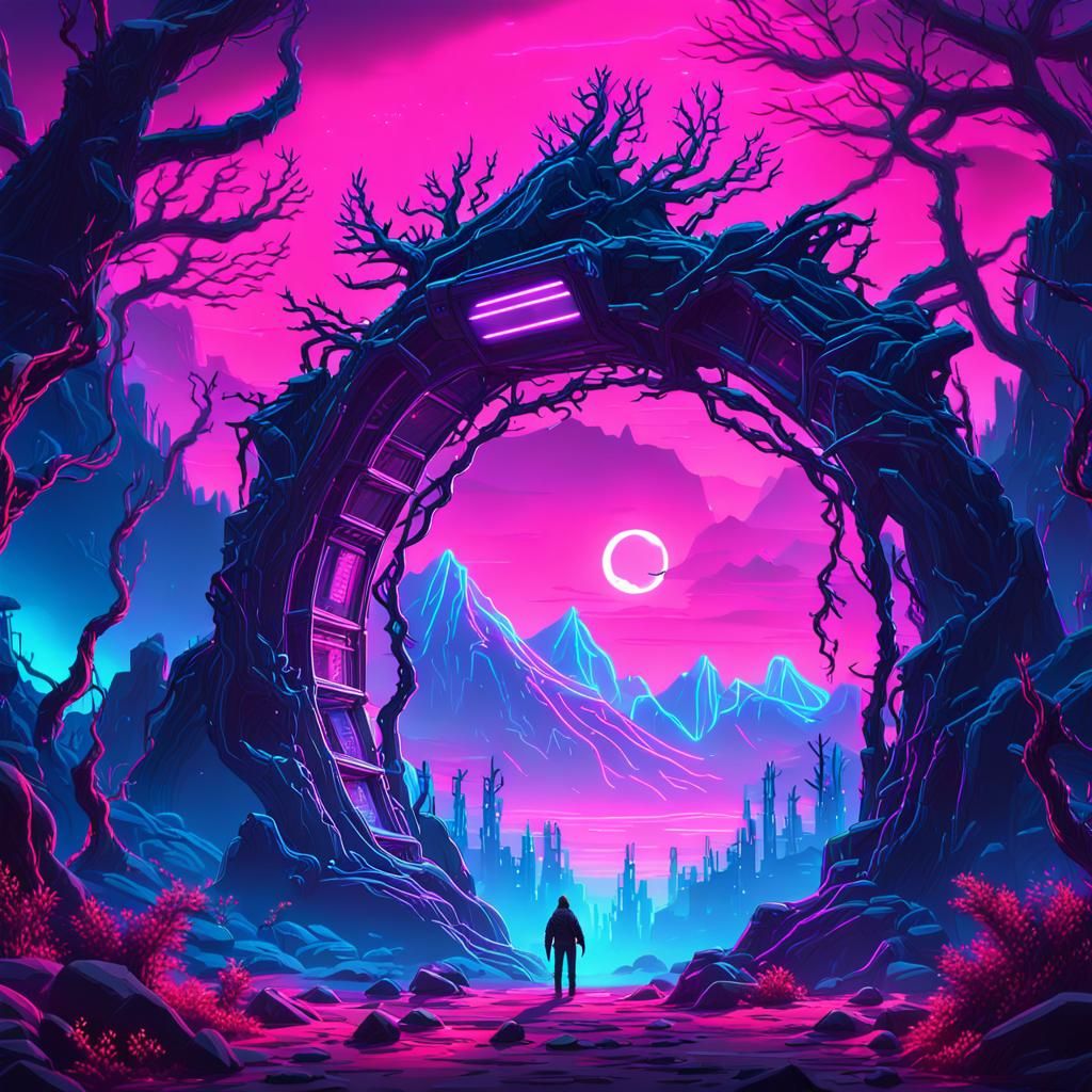 Neon Portal in Cyberpunk Fantasy World