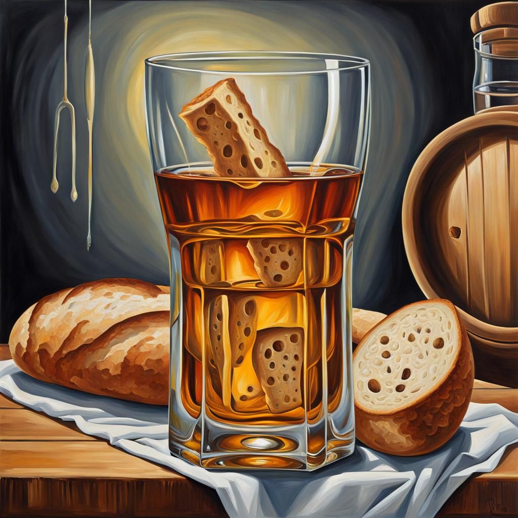 Cheerful Baguette Sipping Whiskey: Surreal Oil Painting