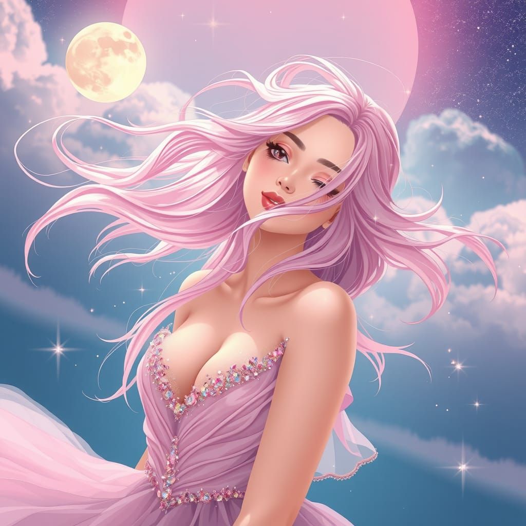 Celestial Pink-Haired Woman: Anime-Style Portrait
