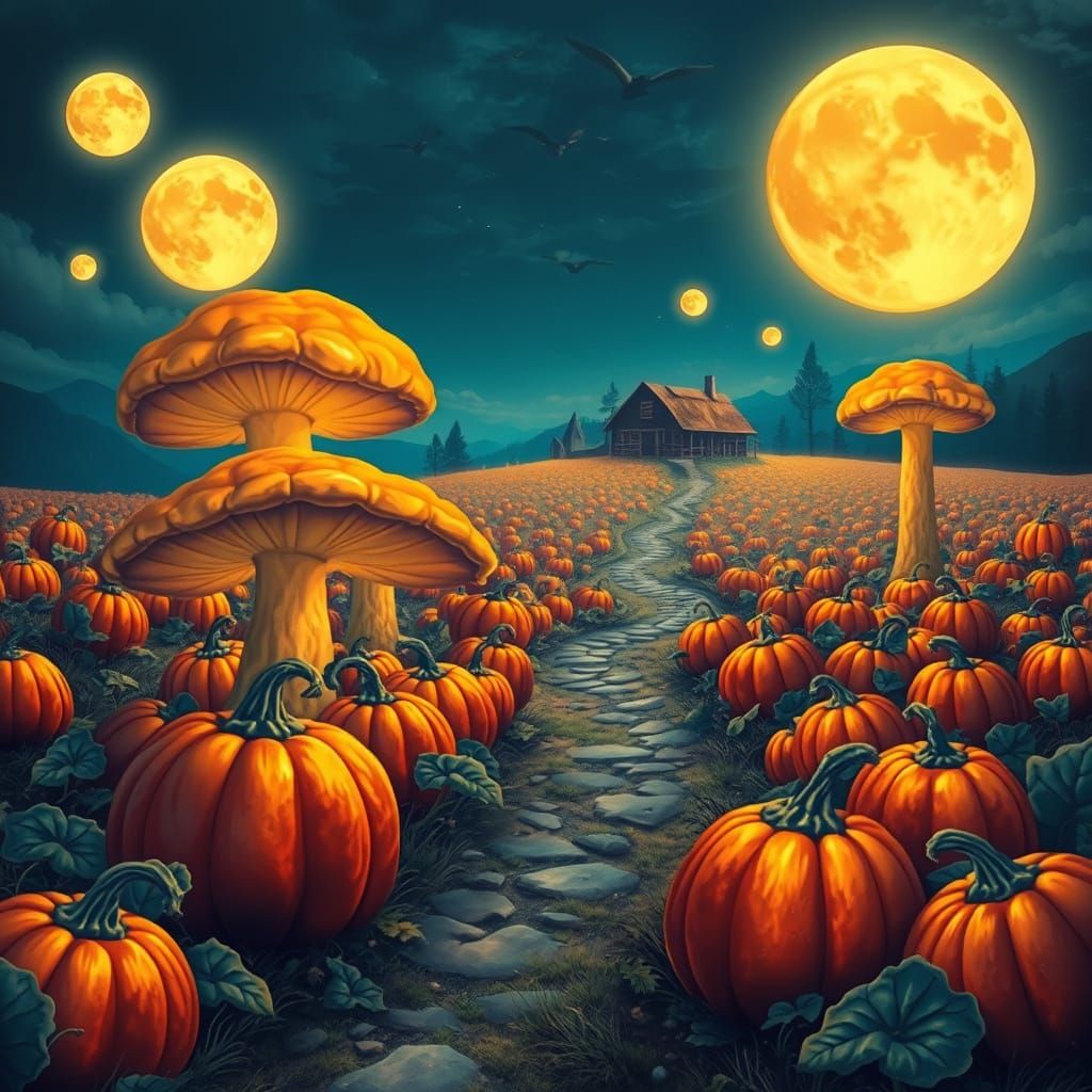 A surreal landscape where giant, glowing mushrooms sprout fr...