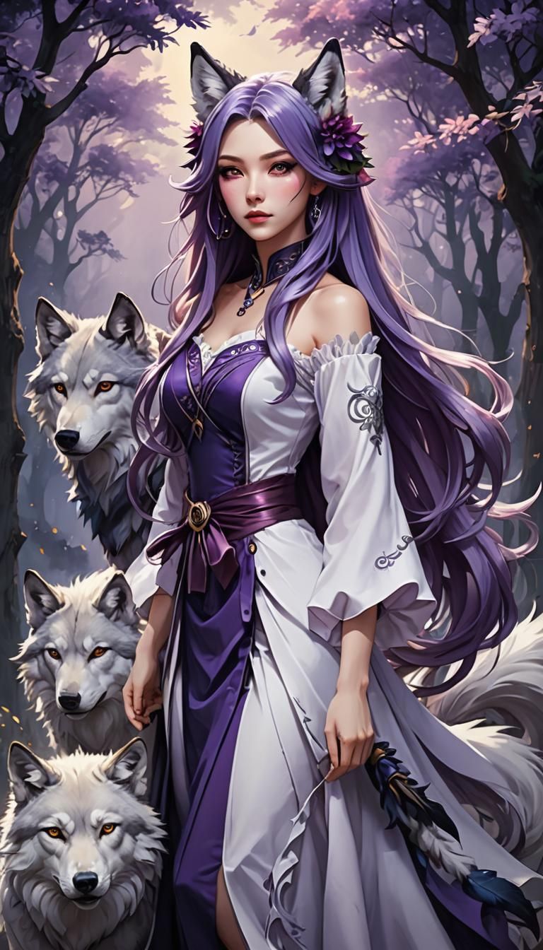 Anime Wolf Queen with Purple Hair
