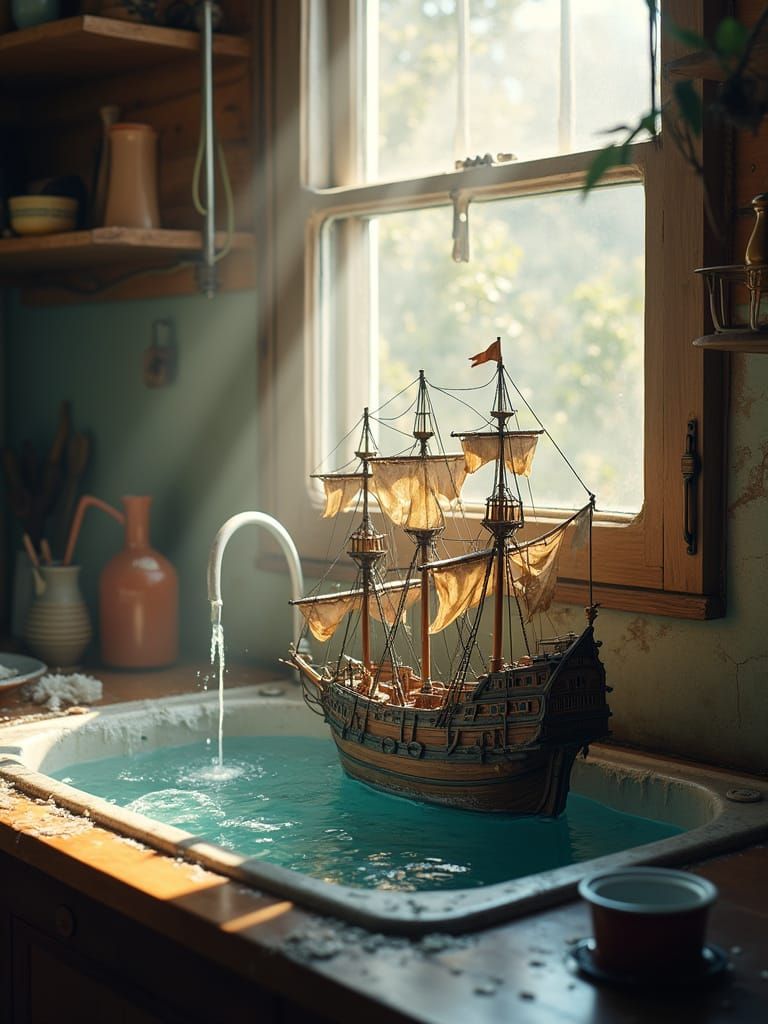 Pirate Ship in Kitchen Sink Surreal Scene
