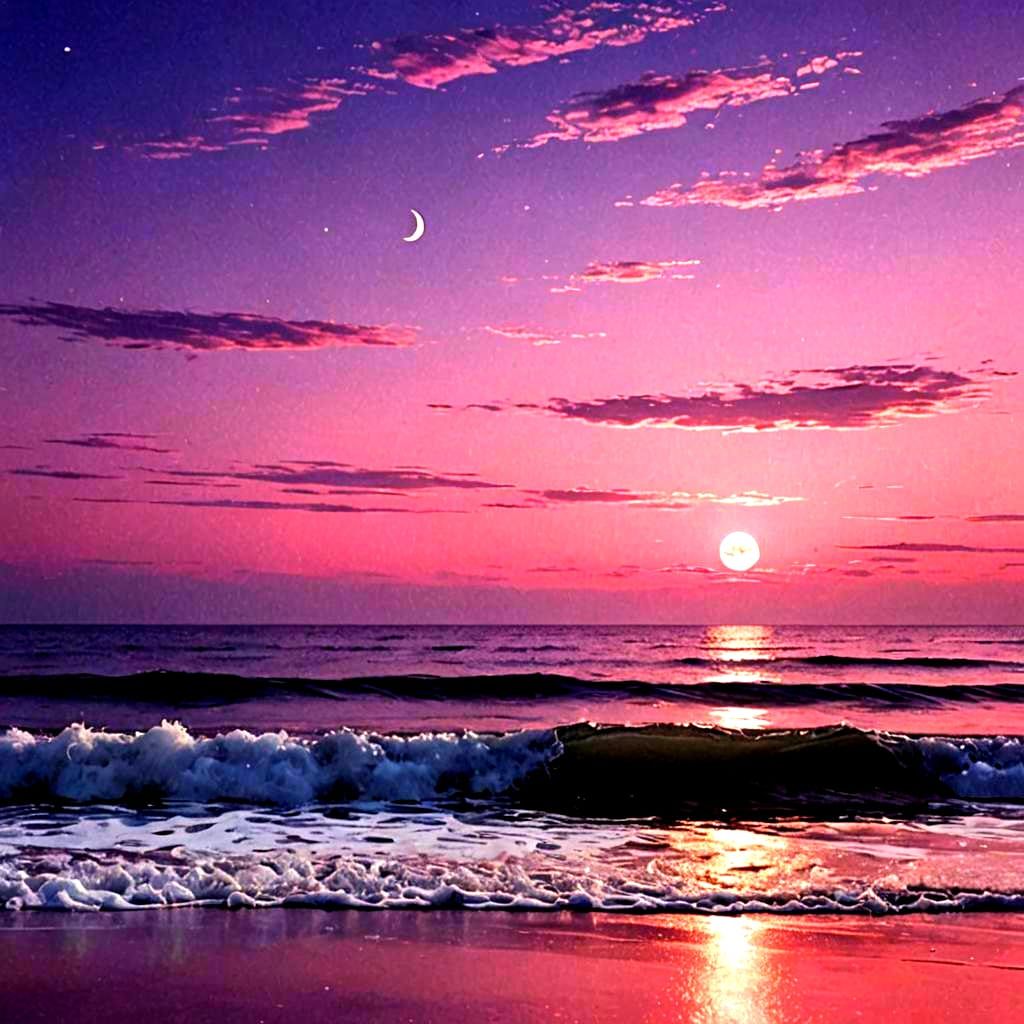 Dreamlike Pink Ocean Reflects Pale Moonlight