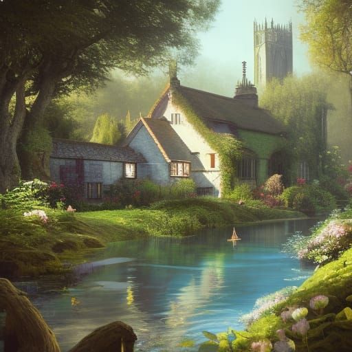 High Gothic Victorian Village with Turquoise River