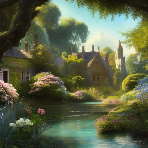 High Gothic Victorian Village in Spring Forest