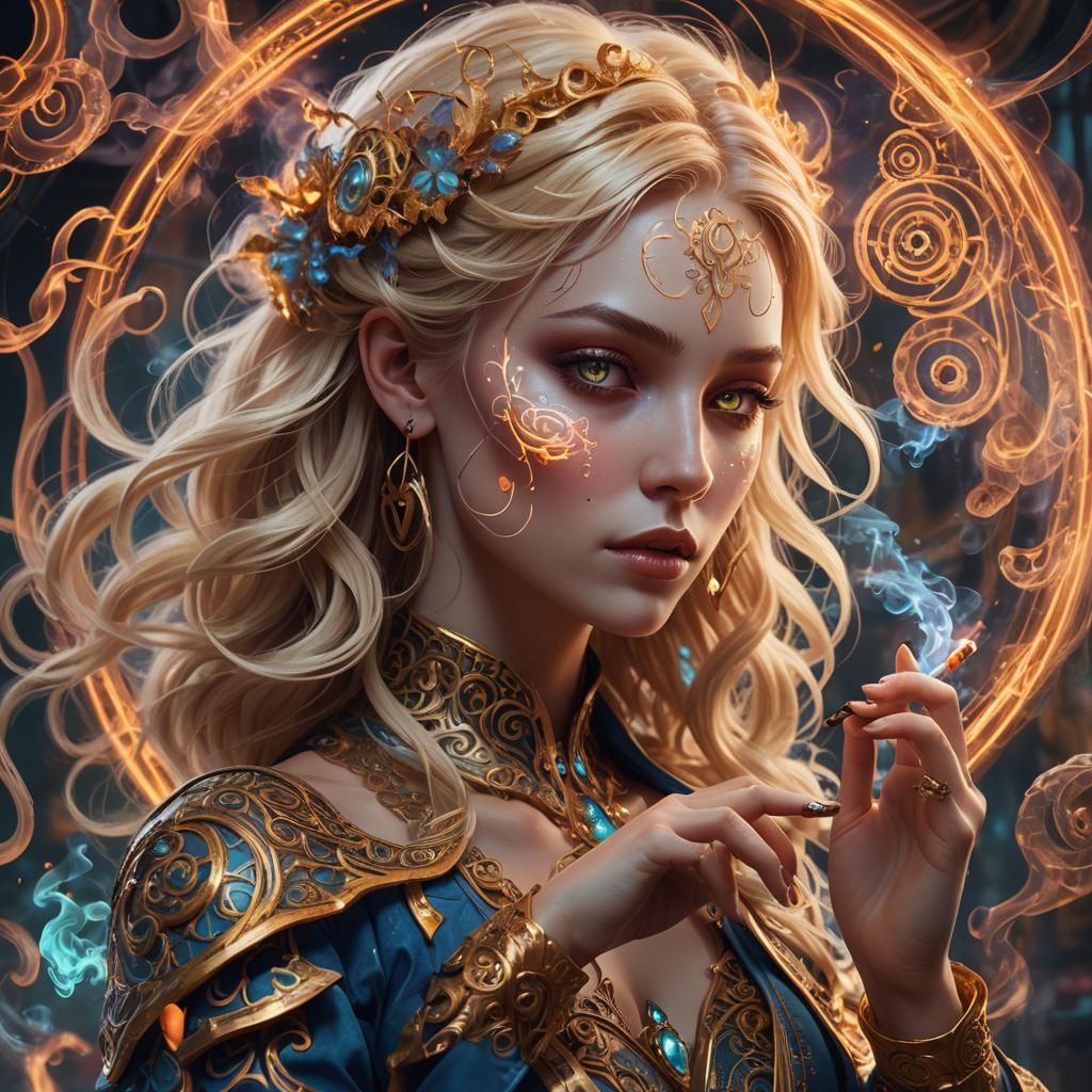 Blond Woman Smoking with Neon Runes, Artstation Style