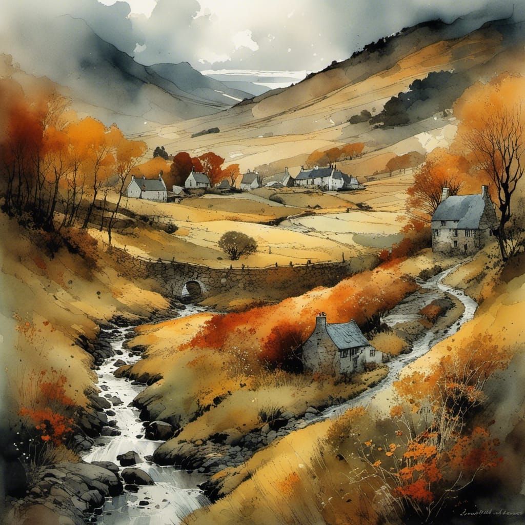 Scottish Autumn Landscape in Watercolor Style