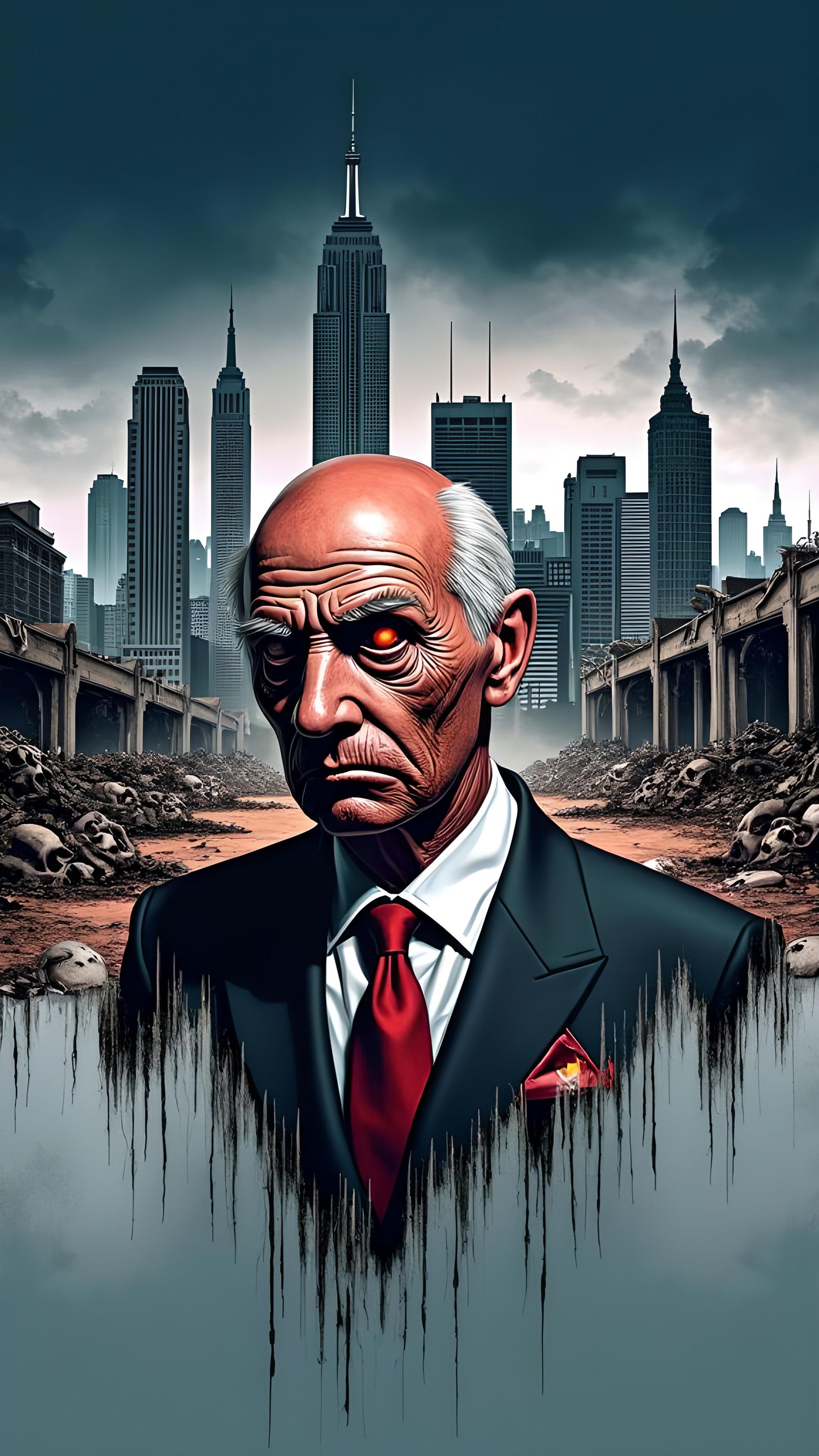 Shark-Headed Politician in Post-Apocalyptic Cityscape