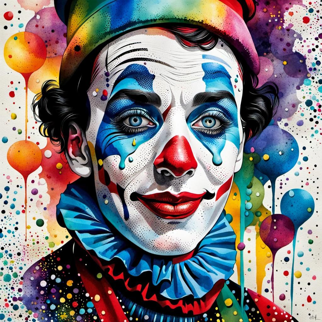 Harlequin Mime Portrait with Tears and Painted Smile