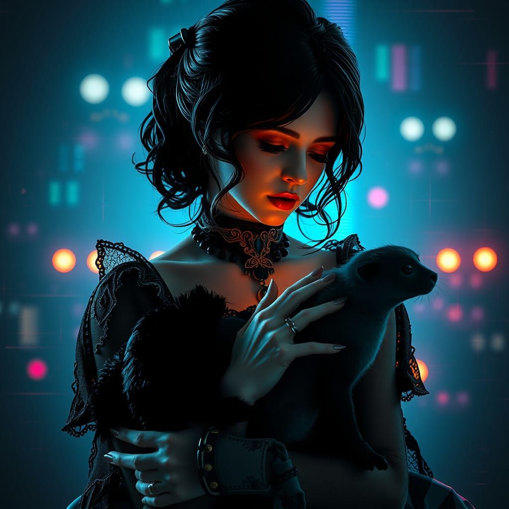 Gothic Woman in Digital Glitch Art Style