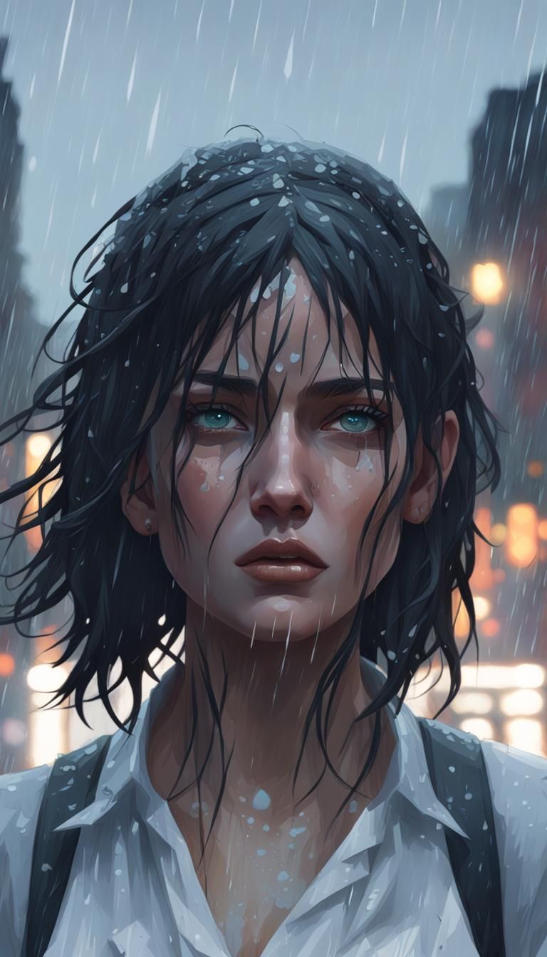 Despairing Girl in Rain, Hyperdetailed Digital Portrait
