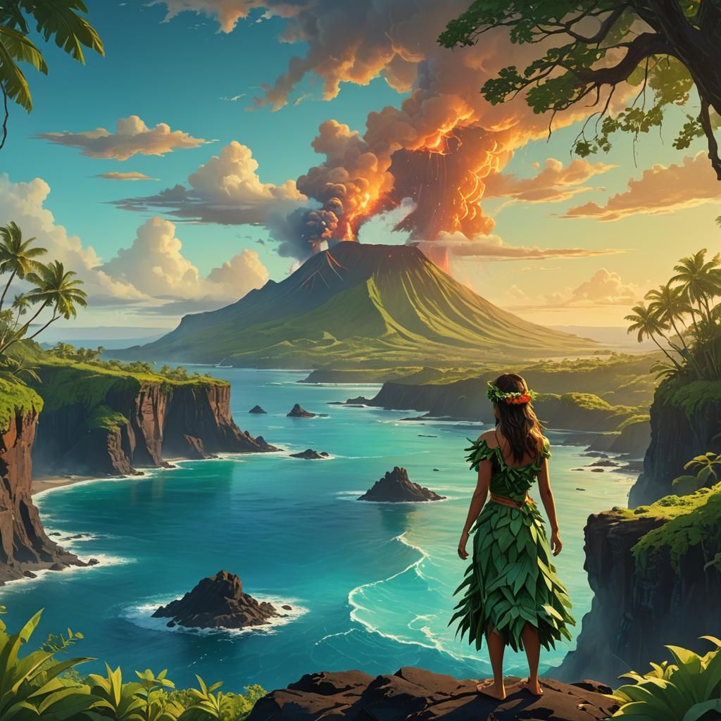 Hawaiian Hula Dancer Overlooking Volcanic Eruption