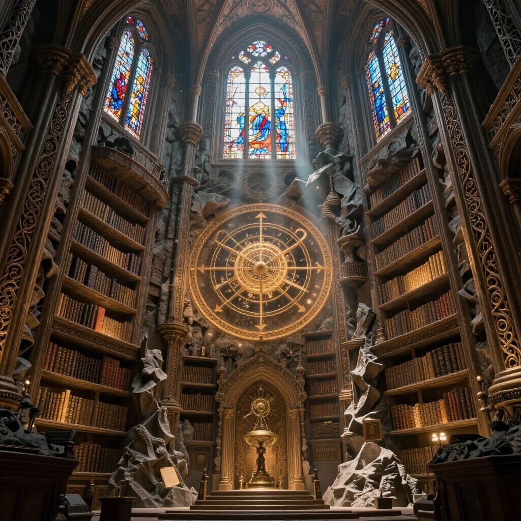 Ancient Mountain Library with Glowing Texts and Orrery