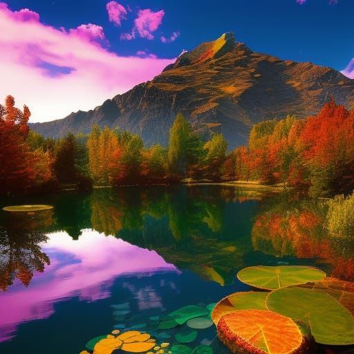 Colorful Mountain Pond in Hyperrealistic Landscape