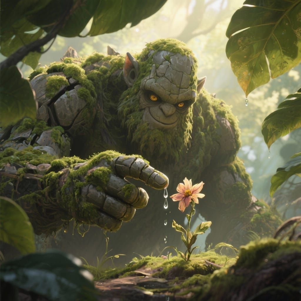 Moss Golem Tends Tiny Flower in Digital Painting