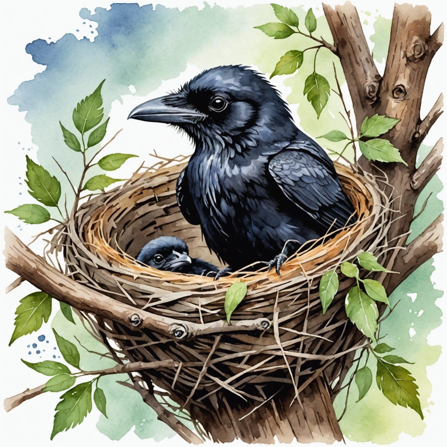 Watercolor Baby Raven in Nest