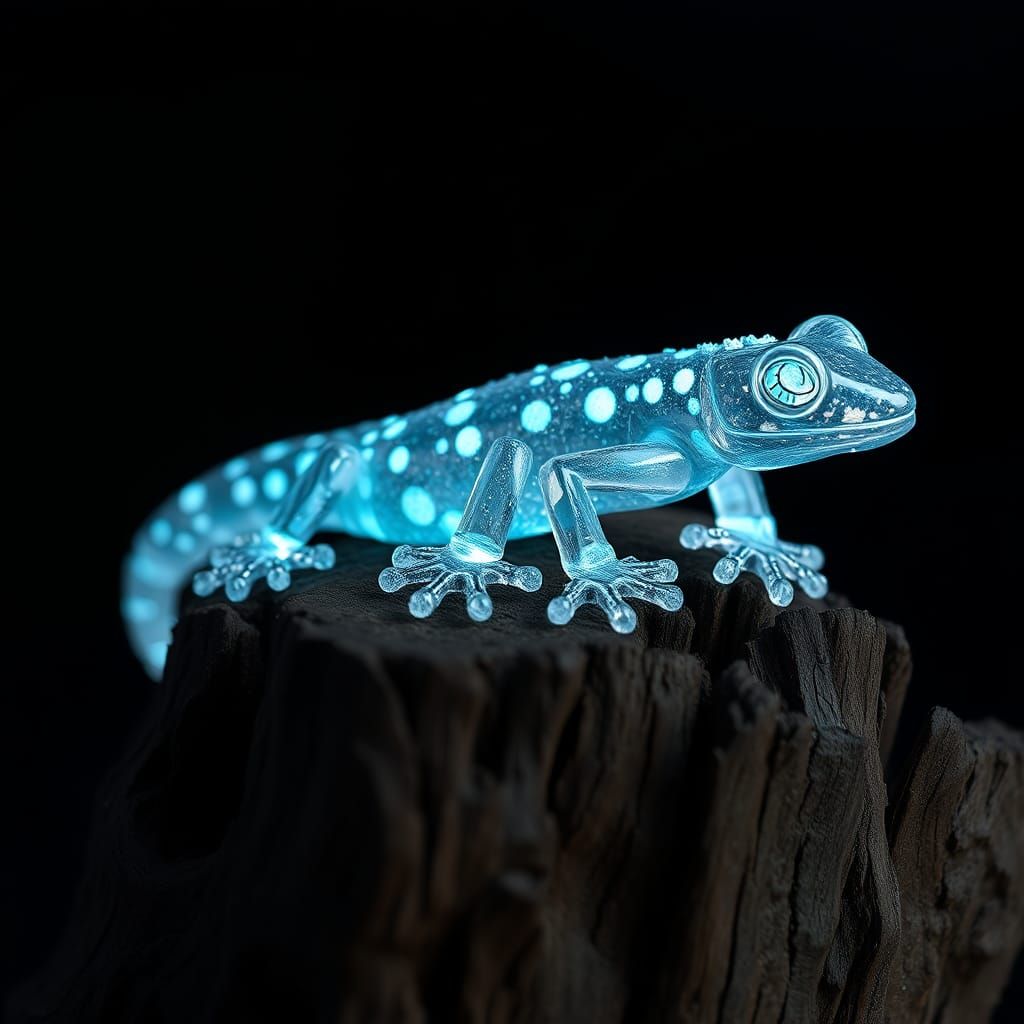 Bioluminescent Crystal Gecko Sculpture on Tree Stump