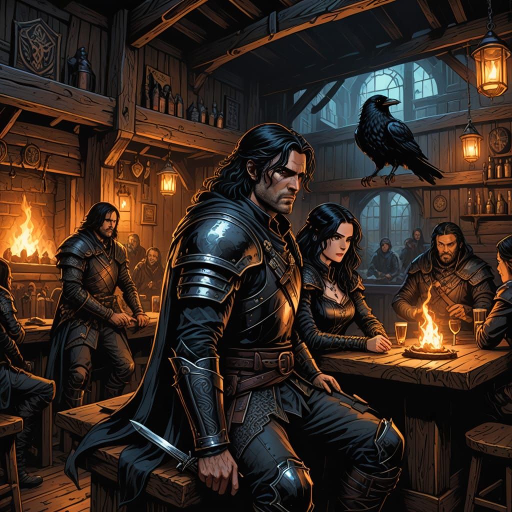 Gerald of Rivia and Yennefer in a Mystical Tavern Scene
