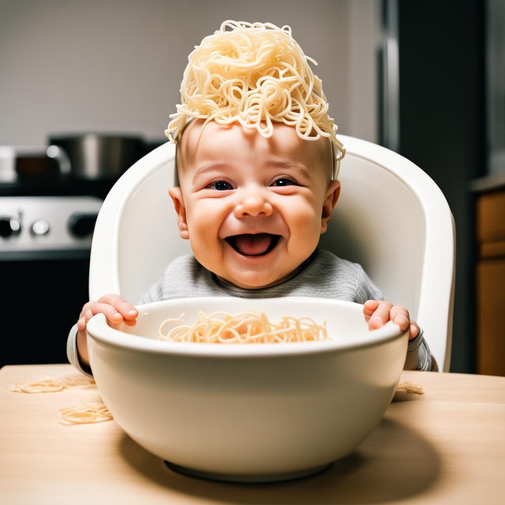 Smiling Baby with Ramen Noodle Mishap