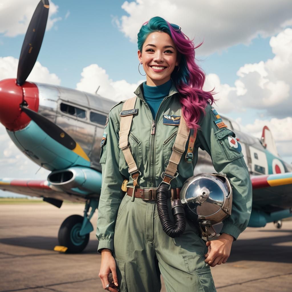 Cheerful Pilot and Vintage Airplane in Art Nouveau Style