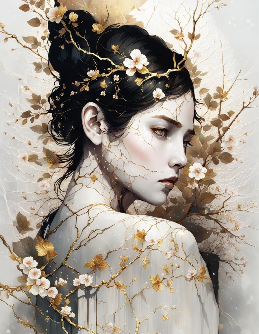 Kintsugi Porcelain Bust with Cherry Blossoms